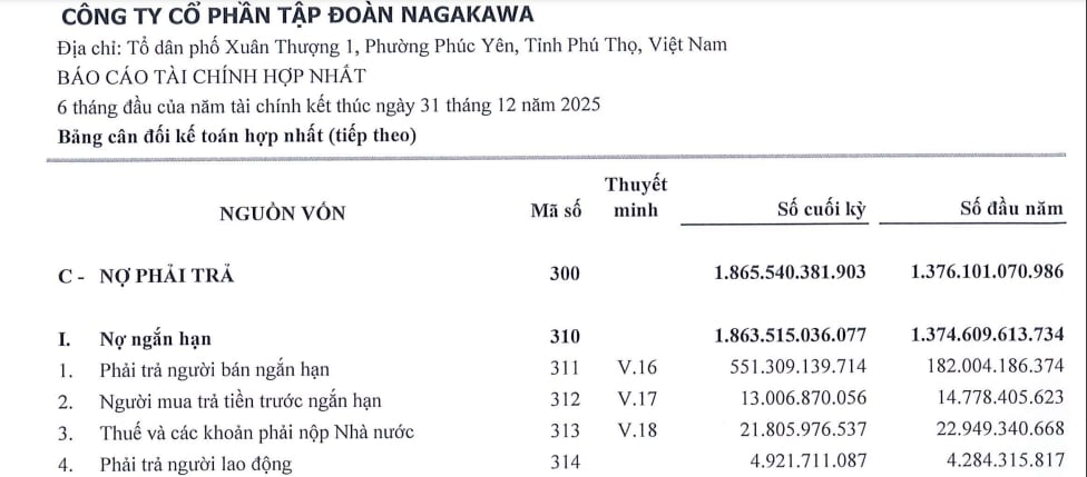 Nợ phải trả của Tập đoàn Nagakawa đến cuối quý II/2025 ghi nhận hơn 1.865,5 tỷ đồng. Nợ phải trả của Tập đoàn Nagakawa đến cuối quý II/2025 ghi nhận hơn 1.865,5 tỷ đồng.