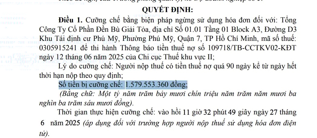 Quyết định cưỡng chế ngừng sử dụng hóa đơn đối với Tổng Công ty cổ phần Đền bù Giải toả. Quyết định cưỡng chế ngừng sử dụng hóa đơn đối với Tổng Công ty cổ phần Đền bù Giải toả. 