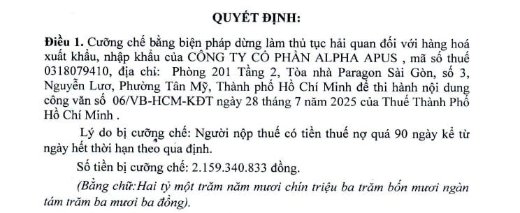 Quyết định của cơ quan thuế đối với Công ty cổ phần Alpha Apus. Quyết định của cơ quan thuế đối với Công ty cổ phần Alpha Apus.