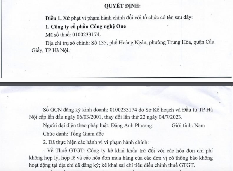 Quyết định xử phạt đối với Công ty cổ phần Công nghệ ONE. Quyết định xử phạt đối với Công ty cổ phần Công nghệ ONE. 