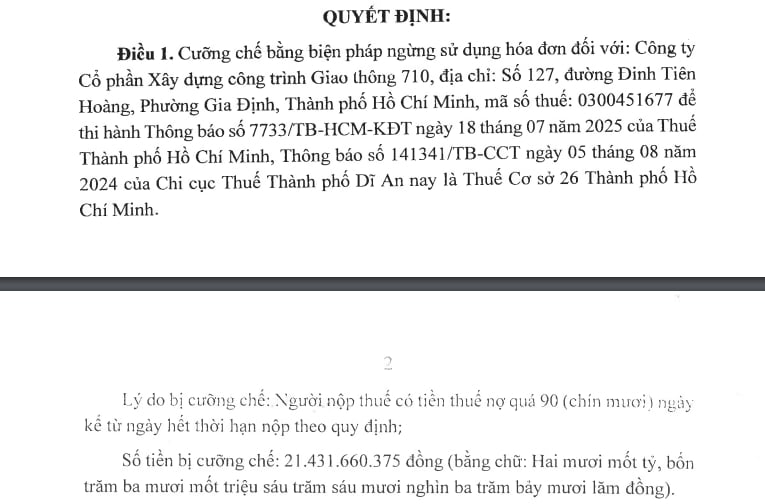 Quyết định cưỡng chế thuế đối với Công ty cổ phần Xây dựng công trình Giao thông 710. Quyết định cưỡng chế thuế đối với Công ty cổ phần Xây dựng công trình Giao thông 710.