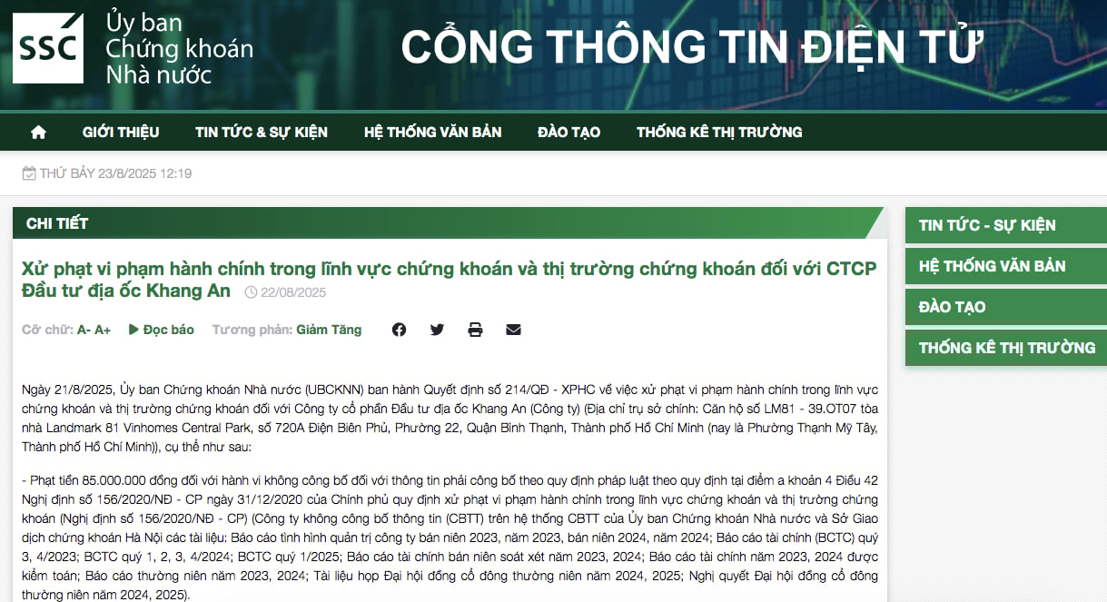 Quyết định xử phạt đối với Công ty cổ phần Đầu tư địa ốc Khang An. Ảnh chụp màn hình. Quyết định xử phạt đối với Công ty cổ phần Đầu tư địa ốc Khang An. Ảnh chụp màn hình. 