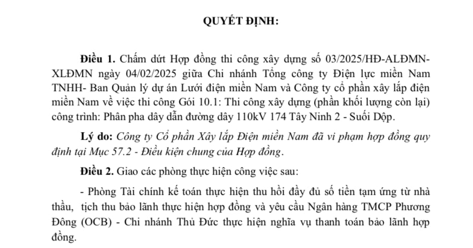 Quyết định chấm dứt hợp đồng đối với Công ty cổ phần Xây lắp Điện miền Nam. Quyết định chấm dứt hợp đồng đối với Công ty cổ phần Xây lắp Điện miền Nam. 