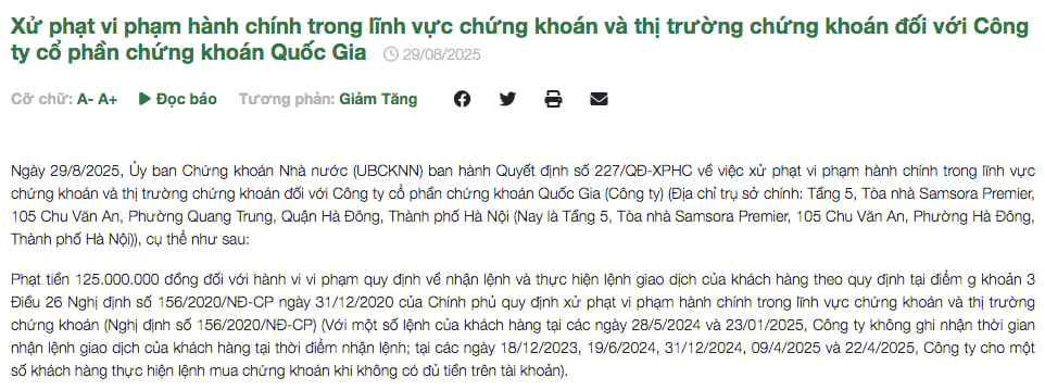 Dính hàng loạt vi phạm, Chứng khoán Quốc Gia bị phạt gần 900 triệu đồng - Ảnh 1 Dính hàng loạt vi phạm, Chứng khoán Quốc Gia bị phạt gần 900 triệu đồng - Ảnh 1