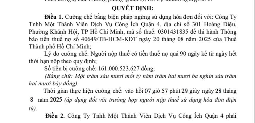 Công ty TNHH MTV dịch vụ Công ích Quận 4 bị cưỡng chế thuế hơn 161 tỷ đồng. Công ty TNHH MTV dịch vụ Công ích Quận 4 bị cưỡng chế thuế hơn 161 tỷ đồng.