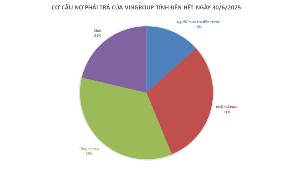 Nợ vay chỉ chiếm khoảng 35% nợ phải trả của Vingroup. Nguồn số liệu: Báo cáo tài chính hợp nhất soát xét 6 tháng đầu năm 2025 của Vingroup Nợ vay chỉ chiếm khoảng 35% nợ phải trả của Vingroup. Nguồn số liệu: Báo cáo tài chính hợp nhất soát xét 6 tháng đầu năm 2025 của Vingroup 