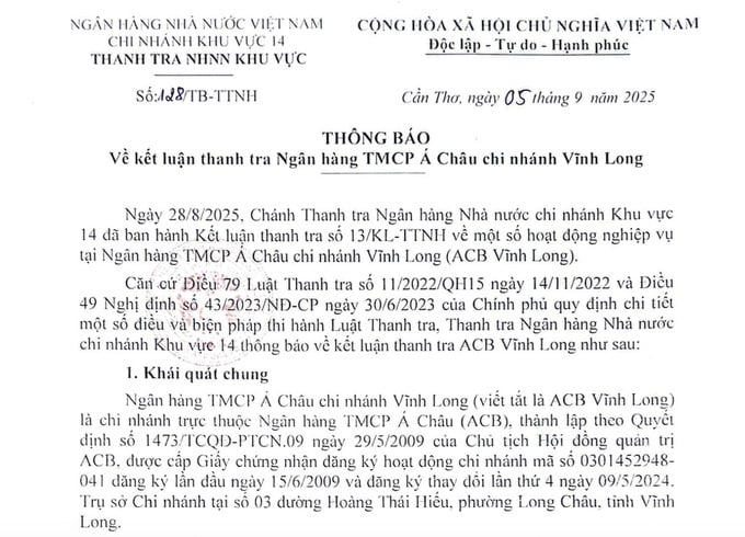 Thanh tra phát hiện tồn tại công tác thẩm định, vay vốn; nợ xấu tại ACB Vĩnh Long - Ảnh 1 Thanh tra phát hiện tồn tại công tác thẩm định, vay vốn; nợ xấu tại ACB Vĩnh Long - Ảnh 1