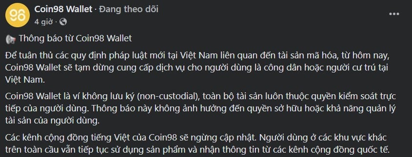 Coin98 Wallet tạm dừng cung cấp dịch vụ tại Việt Nam. Coin98 Wallet tạm dừng cung cấp dịch vụ tại Việt Nam.
