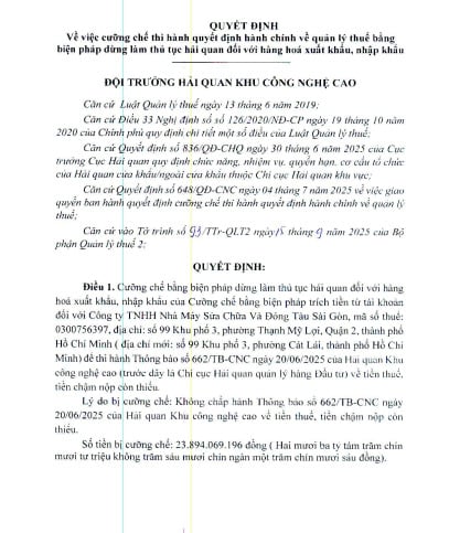 Chi cục Hải quan Khu vực II vừa ban hành quyết định cưỡng chế dừng làm thủ tục hải quan đối với hàng hóa xuất nhập khẩu của Công ty TNHH Nhà máy sửa chữa và đóng tàu Sài Gòn. Chi cục Hải quan Khu vực II vừa ban hành quyết định cưỡng chế dừng làm thủ tục hải quan đối với hàng hóa xuất nhập khẩu của Công ty TNHH Nhà máy sửa chữa và đóng tàu Sài Gòn.