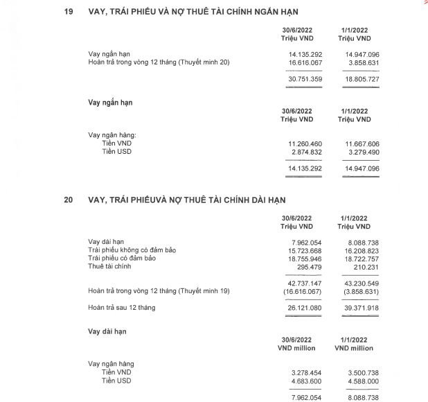 Chi tiết nợ vay tại MSN (nguồn: BCTC hợp nhất qu&yacute; 2/2022).