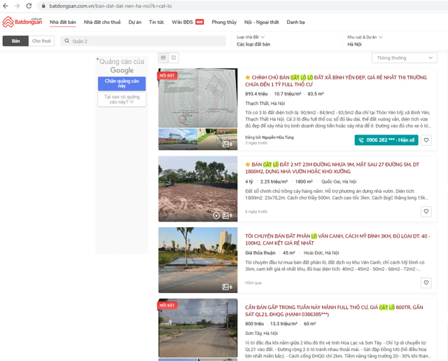 Tin đăng b&aacute;n cắt lỗ nh&agrave; đất tại nhiều quận, huyện H&agrave; Nội, nơi đ&atilde; từng xảy ra hiện tượng sốt đất. (Nguồn: Batdongsan.com.vn).