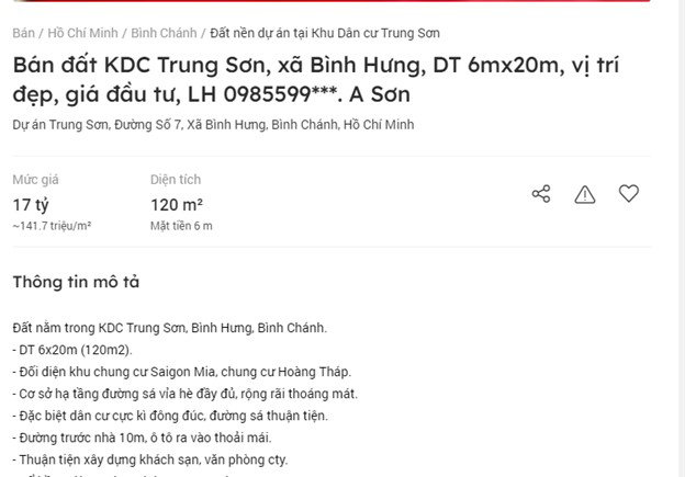 Một l&ocirc; đất tại KDC Trung Sơn được rao b&aacute;n tr&ecirc;n trang Batdongsan.com.vn với gi&aacute; 17 tỷ cho 120m2 (tương đương 141,7 triệu đồng/m2). &nbsp;
