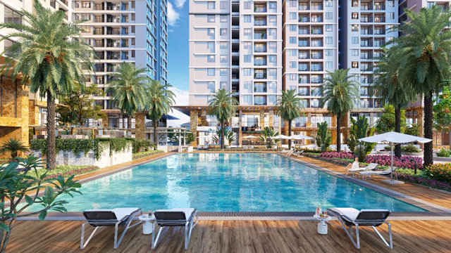 Tổ hợp hồ bơi với quầy bar v&agrave; s&agrave;n tắm nắng như resort tại Hanoi Melody Residences &nbsp;