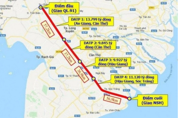 Dự án cao tốc Châu Đốc - Cần Thơ - Sóc Trăng có 4 thành phần với tổng mức đầu tư là 44.691 tỷ đồng