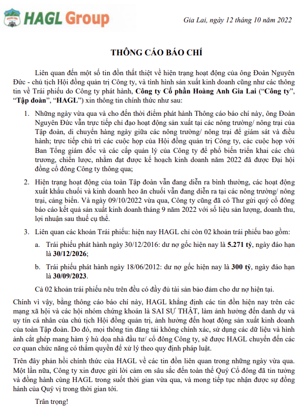 Th&ocirc;ng c&aacute;o b&aacute;o ch&iacute; về tin đồn thất thiệt tại HAGL