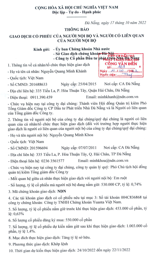 Th&ocirc;ng b&aacute;o giao dịch đăng k&yacute; mua cổ phiếu NDN của &ocirc;ng Nguyễn Quang Minh Kh&aacute;nh
