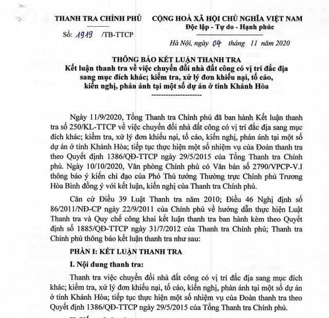 Kết luận của Thanh Tra Ch&iacute;nh phủ về sai phạm đất đai tại tỉnh Kh&aacute;nh H&ograve;a.