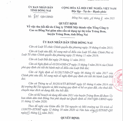 Quyết định thu hồi đất của UBND tỉnh Đồng Nai tại Tổng C&ocirc;ng ty Cao su Đồng Nai. &nbsp;