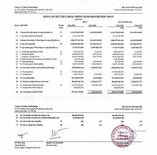 Một số chỉ ti&ecirc;u t&agrave;i ch&iacute;nh của Thaiholdings. &nbsp;