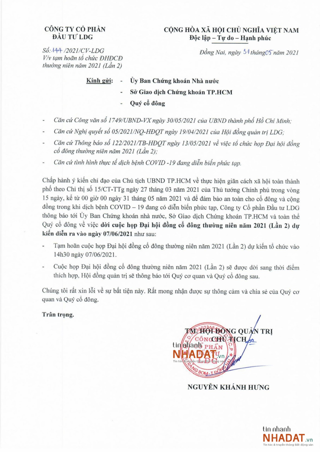 C&ocirc;ng văn số 144/2021/CV-LDG về việc tạm ho&atilde;n tổ chức ĐHĐCĐ thường ni&ecirc;n 2021 của LDG Group. &nbsp;