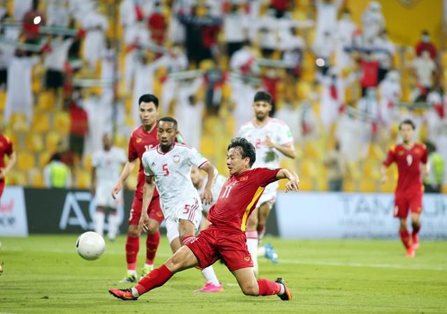 Cầu thủ Minh Vương ghi b&agrave;n v&agrave;o lưới UAE tại v&ograve;ng loại 2 World Cup 2022. (Ảnh: 24h.com.vn)