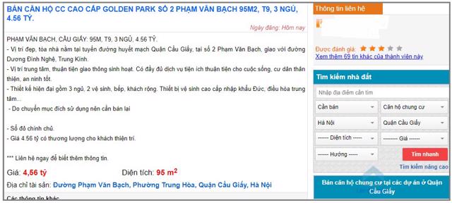 Một căn hộ c&oacute; diện t&iacute;ch 95m2 tại dự &aacute;n Golden Park ở số 2 đường Phạm Văn Bạch đang được rao b&aacute;n tr&ecirc;n một trang nh&agrave; đất uy t&iacute;n với gi&aacute; 4,56 tỷ. &nbsp;