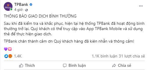 Tr&ecirc;n fanpage của TPBank th&ocirc;ng b&aacute;o sự cố hệ thống giao dịch đ&atilde; được khắc phục. &nbsp;