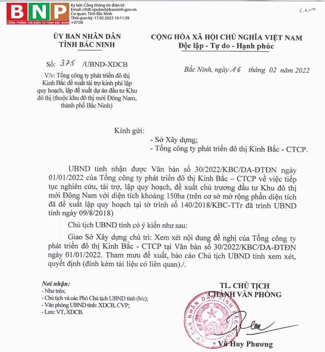 Văn bản 375/UBND-XDCB của UBND tỉnh Bắc Ninh về việc Kinh Bắc muốn t&agrave;i trợ kinh ph&iacute; lập quy hoạch, lập đề xuất dự &aacute;n đầu tư khu đ&ocirc; thị mới Đ&ocirc;ng Nam. &nbsp;