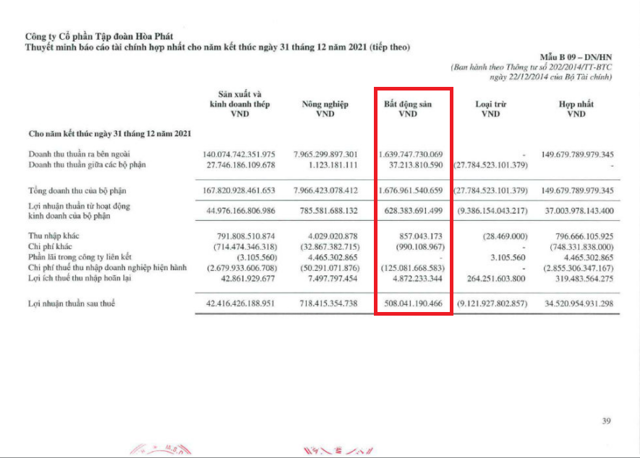 Lợi nhuận sau thuế mảng BĐS Hòa Phát (Nguồn: Hòa Phát)