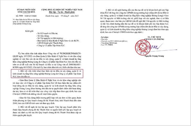 Văn bản của UBND tỉnh Thanh H&oacute;a về việc chấm dứt hoạt động dự &aacute;n KCN Ho&agrave;ng Long của FLC. &nbsp;