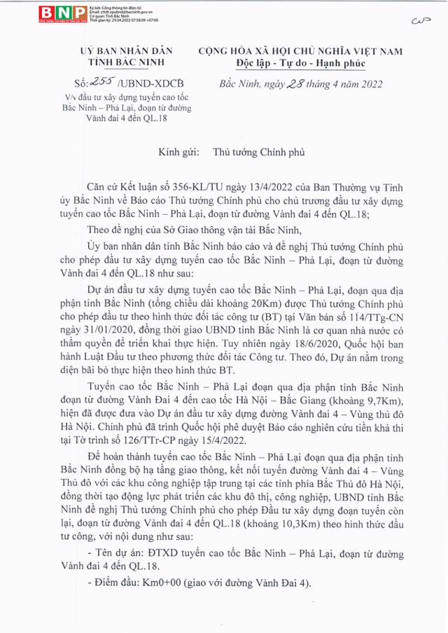 Đề nghị UBND tỉnh Bắc Ninh về đầu tư x&acirc;y dựng tuyến cao tốc Bắc Ninh &ndash; Phả Lại, đoạn từ đường V&agrave;nh đai 4 đến QL.18.