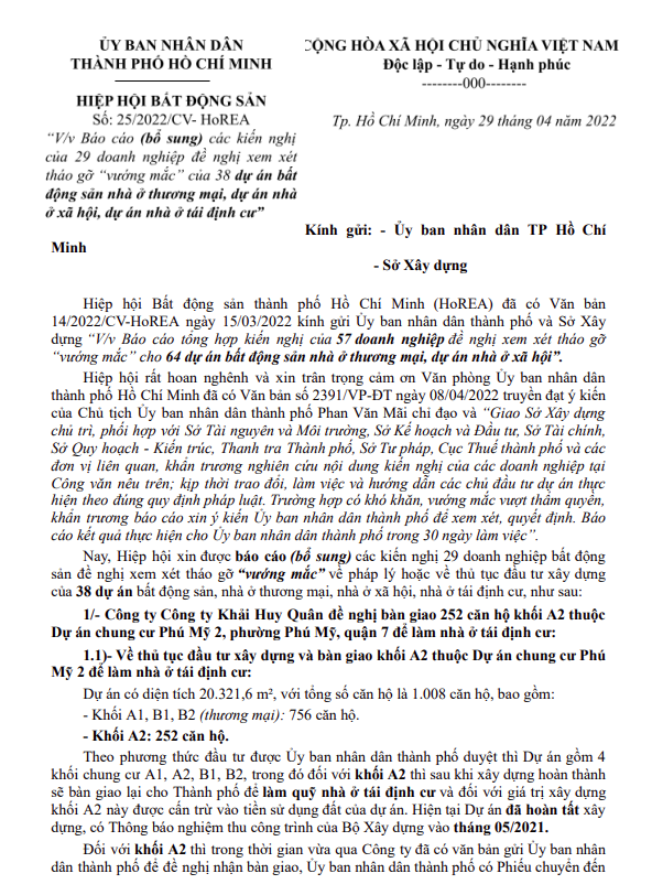 VB số 14/2022/CV-HoREA ngày 15/03/2022  gửi UBND TPHCM và Sở Xây dựng đề nghị tháo gỡ vướng mắc ở 38 dự án  