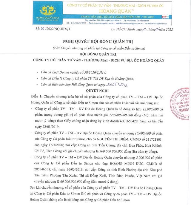 Quyết định chuyển nhượng to&agrave;n bộ cổ phần tại Đầu tư Simon của Địa ốc Ho&agrave;ng Qu&acirc;n. &nbsp;