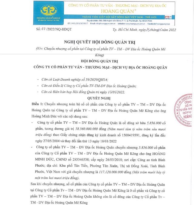 Quyết định chuyển nhượng to&agrave;n bộ cổ phần tại Ho&agrave;ng Qu&acirc;n M&ecirc; K&ocirc;ng của Địa ốc Ho&agrave;ng Qu&acirc;n. &nbsp;