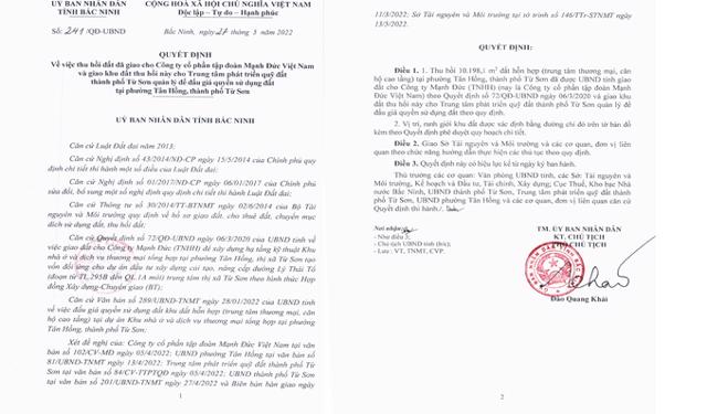 UBND tỉnh Bắc Ninh thu hồi khu đất giao cho CTCP Tập đo&agrave;n Mạnh Đức tại TP Từ Sơn. &nbsp;