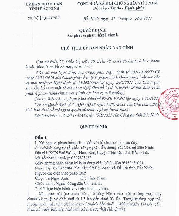 Tổng số tiền m&agrave; Chi nh&aacute;nh C&ocirc;ng ty Saigontel tại Bắc Ninh bị xử phạt 1,170 tỷ đồng cho 2 h&agrave;nh vi vi phạm.