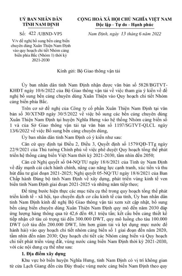 Văn bản UBND tỉnh Nam Định gửi Bộ Giao th&ocirc;ng Vận tải &nbsp;