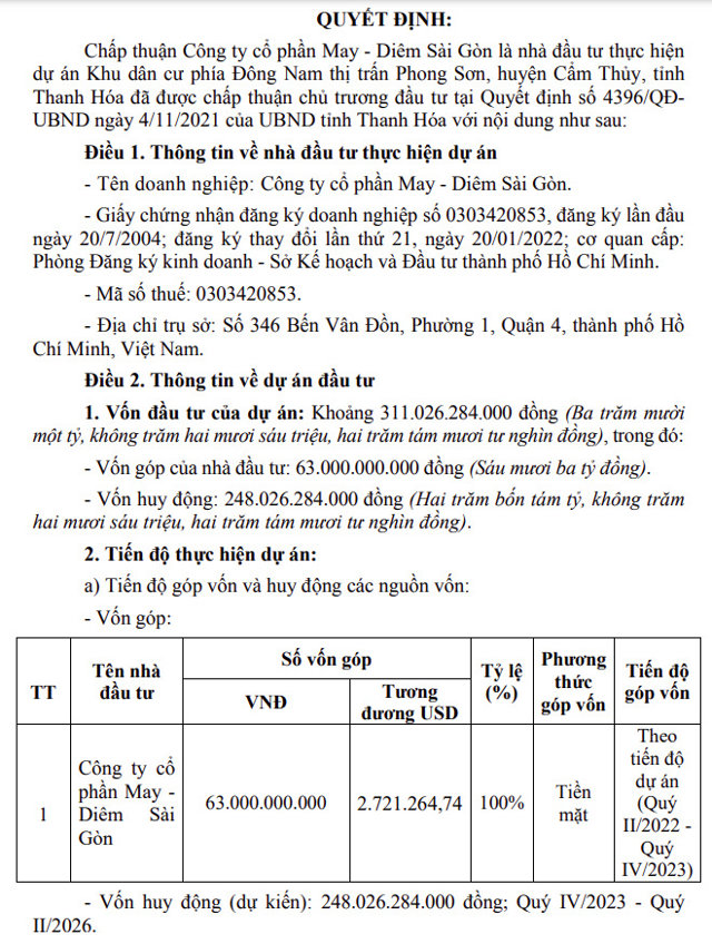 Quyết định số 2488/QĐ-UBND về việc chấp thuận CTCP May - Di&ecirc;m S&agrave;i G&ograve;n l&agrave; nh&agrave; đầu tư thực hiện dự &aacute;n Khu d&acirc;n cư ph&iacute;a Đ&ocirc;ng Nam thị trấn Phong Sơn &nbsp;