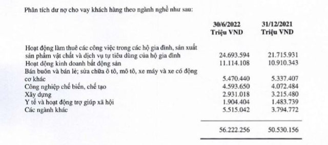 Dư nợ cho vay theo ng&agrave;nh tại VietBank (nguồn: BCTC hợp nhất qu&yacute; 2/2022) &nbsp;