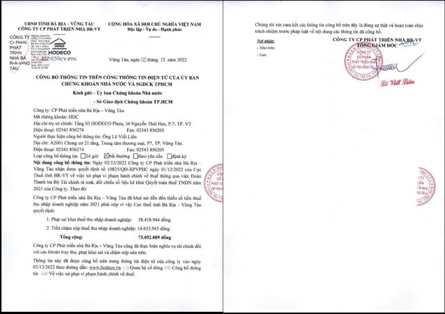 Th&ocirc;ng b&aacute;o của Hodeco về việc đ&atilde; nhận được quyết định xử phạt vi phạm h&agrave;nh ch&iacute;nh về thuế của Cục Thuế tỉnh B&agrave; Rịa &ndash; Vũng T&agrave;u. &nbsp;