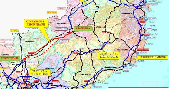 Bản đồ hướng tuyến dự kiến của đường cao tốc Gia Nghĩa - Chơn Th&agrave;nh.