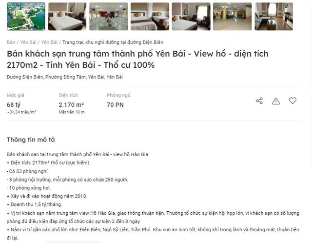 Một kh&aacute;ch sạn view hồ được rao b&aacute;n 68 tỷ đồng tại Y&ecirc;n B&aacute;i. &nbsp;