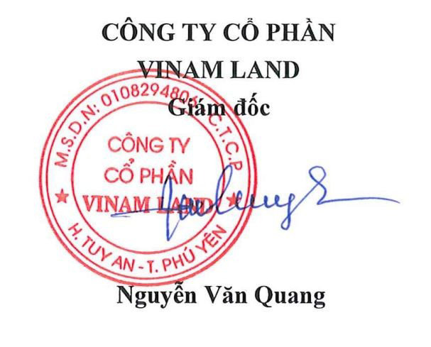 Dấu mộc của Vinam Land thể hiện trụ sở tại huyện Tuy An, tỉnh Ph&uacute; Y&ecirc;n