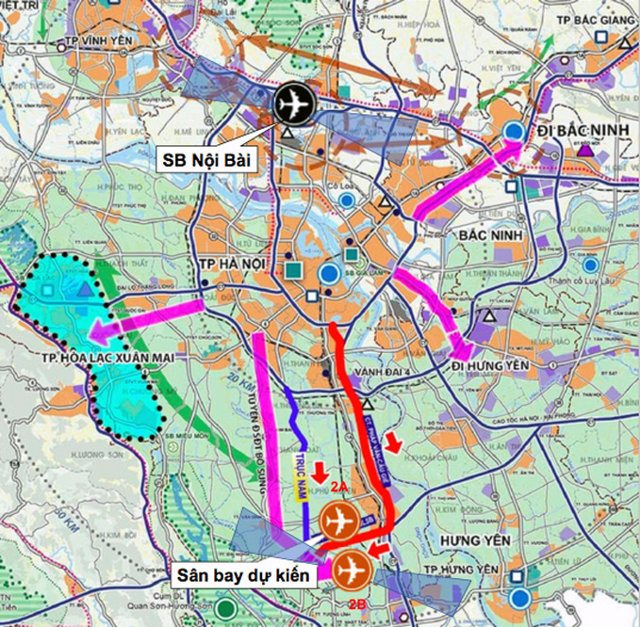 Hai phương &aacute;n x&acirc;y dựng s&acirc;n bay thứ hai ở ph&iacute;a Nam Thủ đ&ocirc; (phương &aacute;n 2A v&agrave; 2B). Nguồn: VNE.