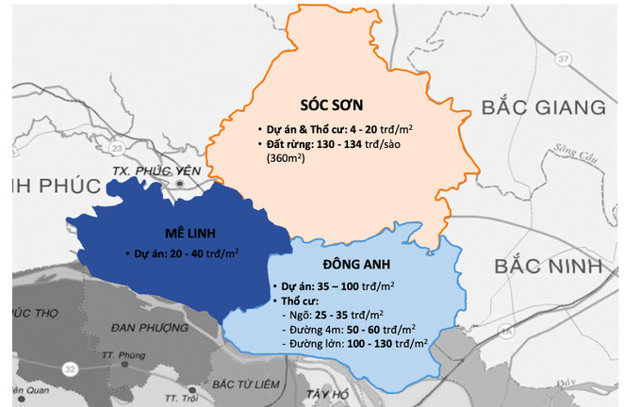 TP ph&iacute;a Bắc H&agrave; Nội bao gồm c&aacute;c huyện S&oacute;c Sơn, M&ecirc; Linh, Đ&ocirc;ng Anh. Ảnh: UBND TP.