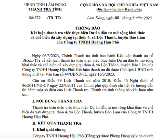 C&ocirc;ng ty TNHH Ho&agrave;ng Hậu Phố bị Thanh tra tỉnh L&acirc;m Đồng x&aacute;c định c&oacute; nhiều sai phạm về đất đai, khai th&aacute;c kho&aacute;ng sản, thuế,...