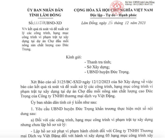 Văn bản được UBND tỉnh L&acirc;m Đồng gửi tới UBND huyện Đức Trọng
