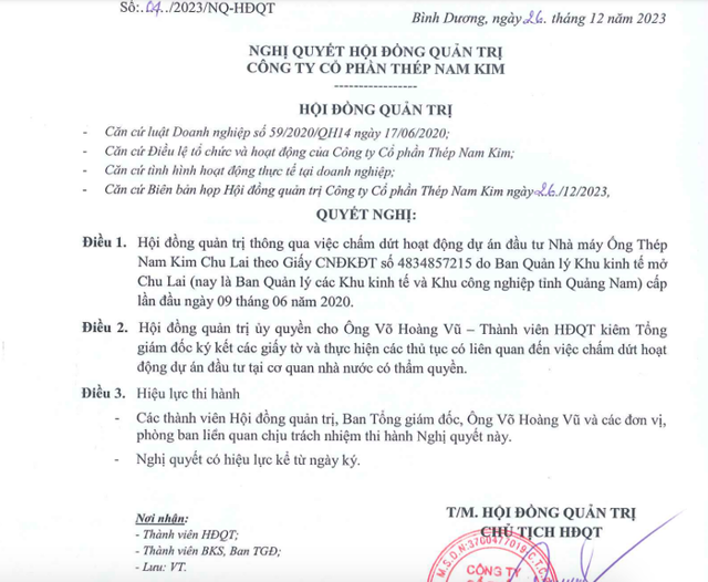 C&ocirc;ng ty cổ phần Th&eacute;p Nam Kim vừa c&oacute; th&ocirc;ng b&aacute;o về việc chấm dứt hoạt động dự &aacute;n đầu tư Nh&agrave; m&aacute;y ống th&eacute;p Nam Kim Chu Lai. &nbsp;