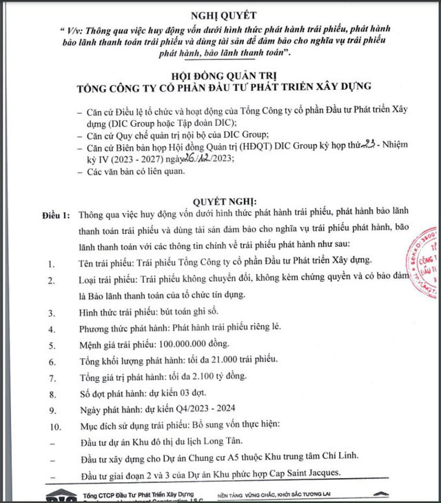 Kế hoạch ph&aacute;t h&agrave;nh tr&aacute;i phiếu để huy động vốn của DIC Corp (Ảnh chụp m&agrave;n h&igrave;nh). &nbsp;