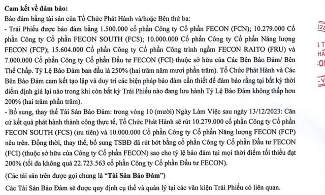 Th&ocirc;ng tin về t&agrave;i sản đảm bảo được Fecon c&ocirc;ng bố (ảnh chụp m&agrave;n h&igrave;nh). &nbsp;